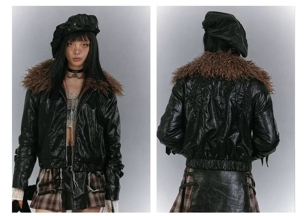 Detachable Fur Collar Glossy Padded PU Leather Jacket