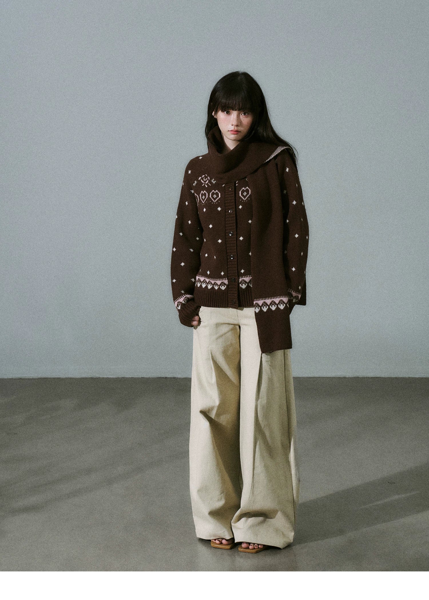 Fair Isle Pattern Wool Blend Scarf Knit Cardigan