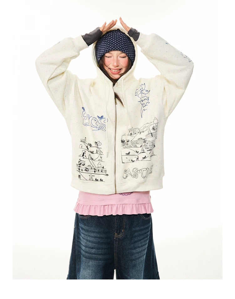 Graphic Print Oversize Zipper Hoodie