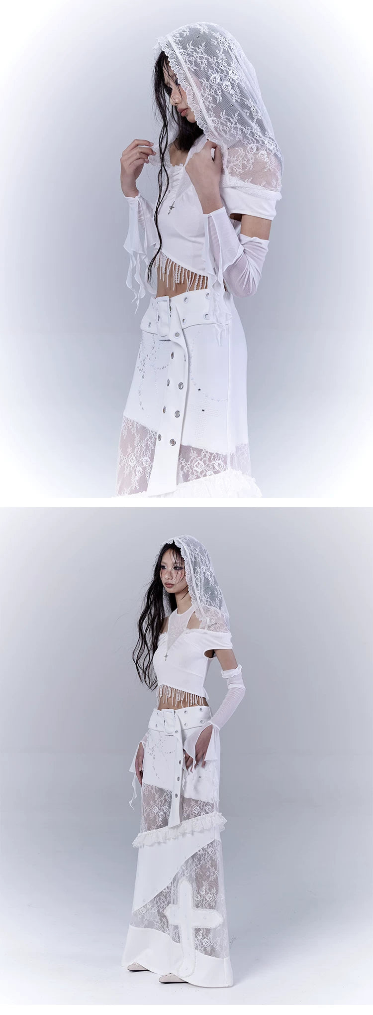 Off Shoulder Lace Pullover Hoodie & Arm Cover Set