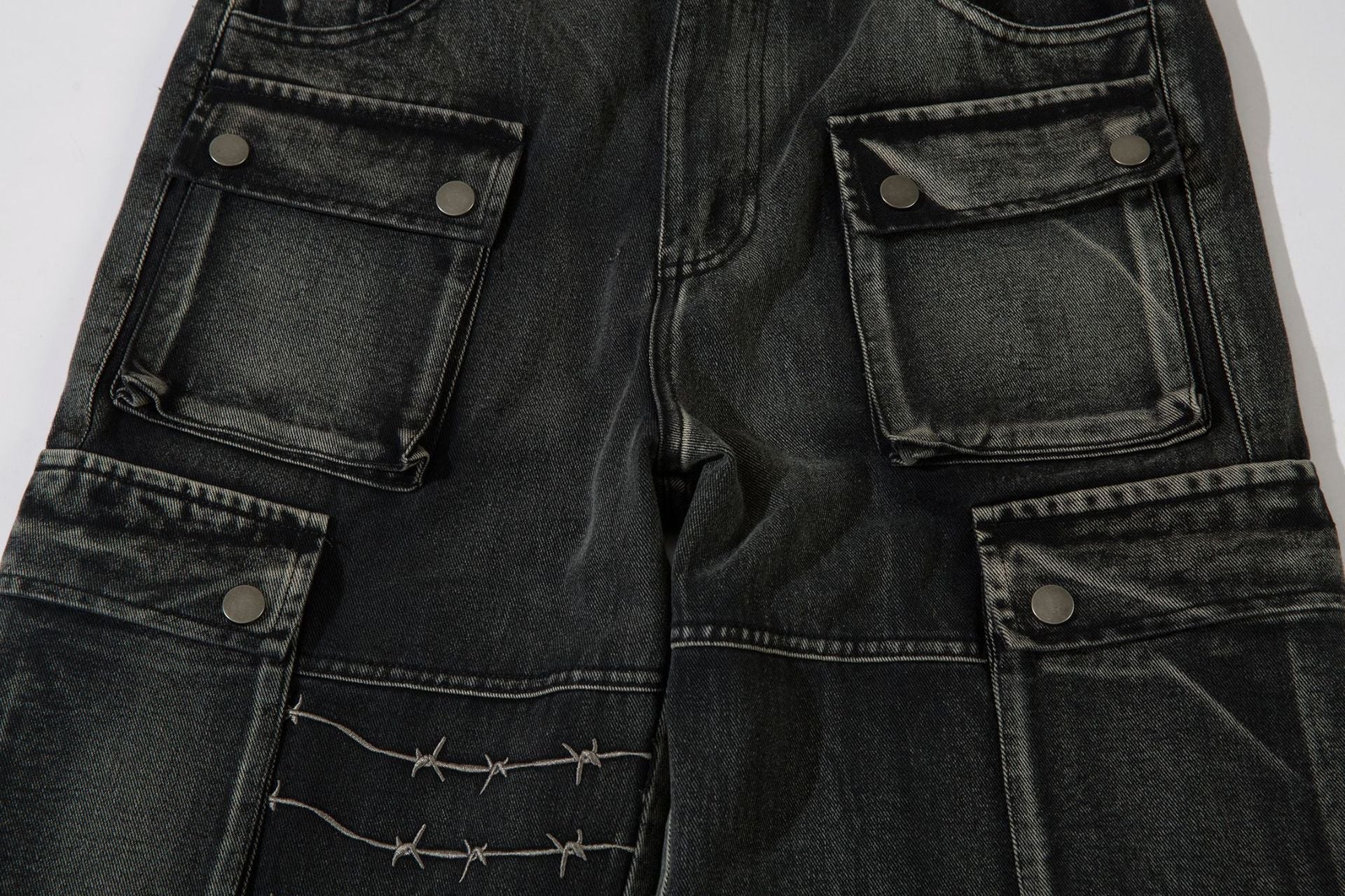 Cargo Pocket Embroidery Wide Leg Denim Jeans