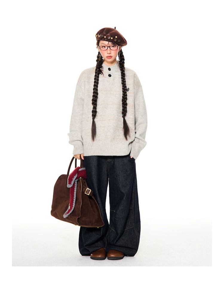 Button-Detail Stand Neck Knit Sweater