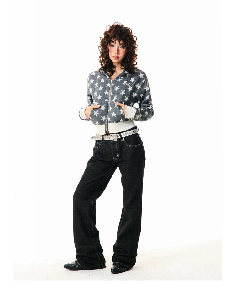 Star Print Cropped Zip-Up Hoodie