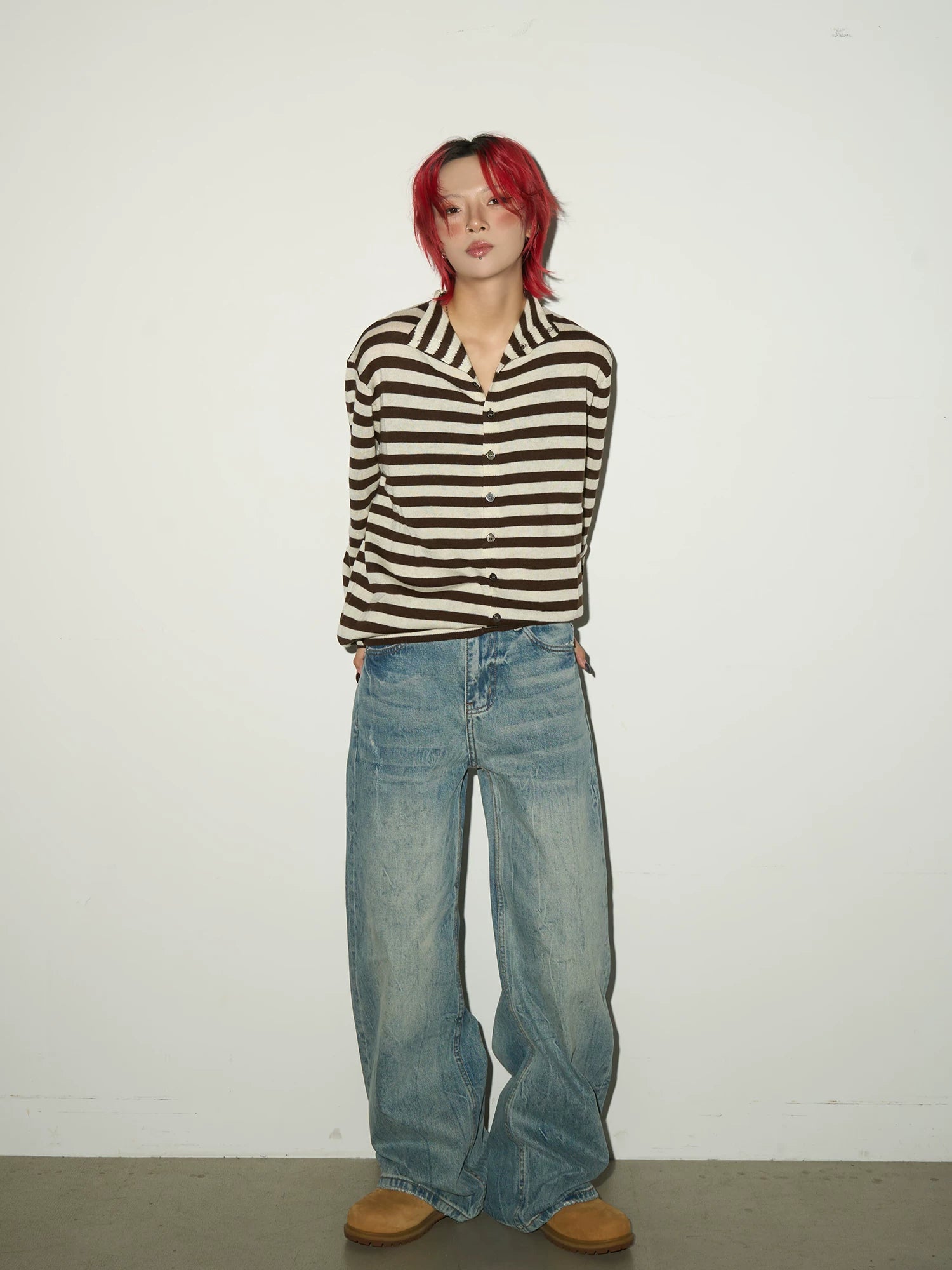 Contrast Stripe Wool Knit High-Neck Cardigan
