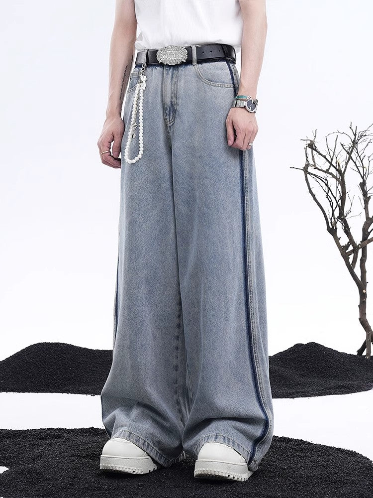 Damage Short Sleeve Denim Jacket & Wide-Leg Straight Denim Jeans Setup