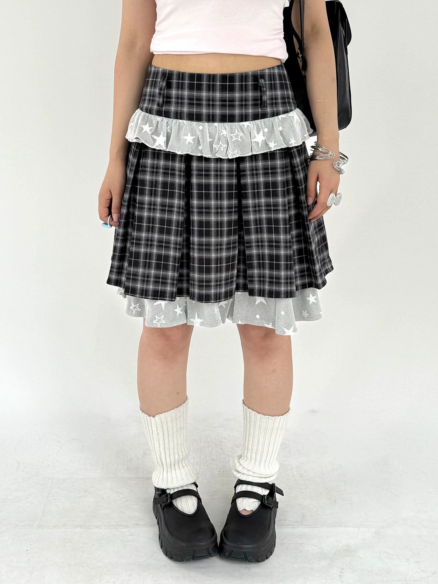 Plaid Lace Layered Star A-Line Short Skirt