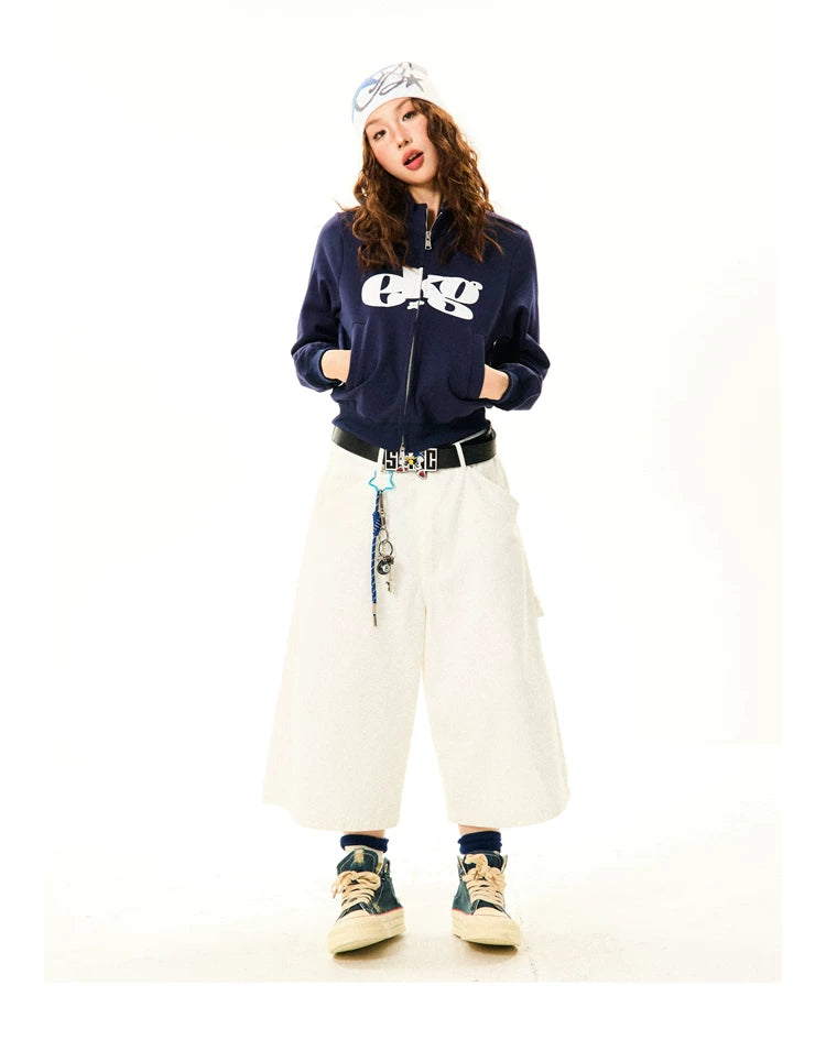 Letter Print Fitted Zipper Hoodie