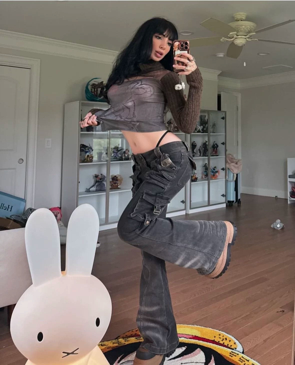 Multi-Pocket Stretch Flare Denim Pants