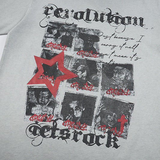 Washed Portrait Letter Print Short Sleeve T-Shirt
