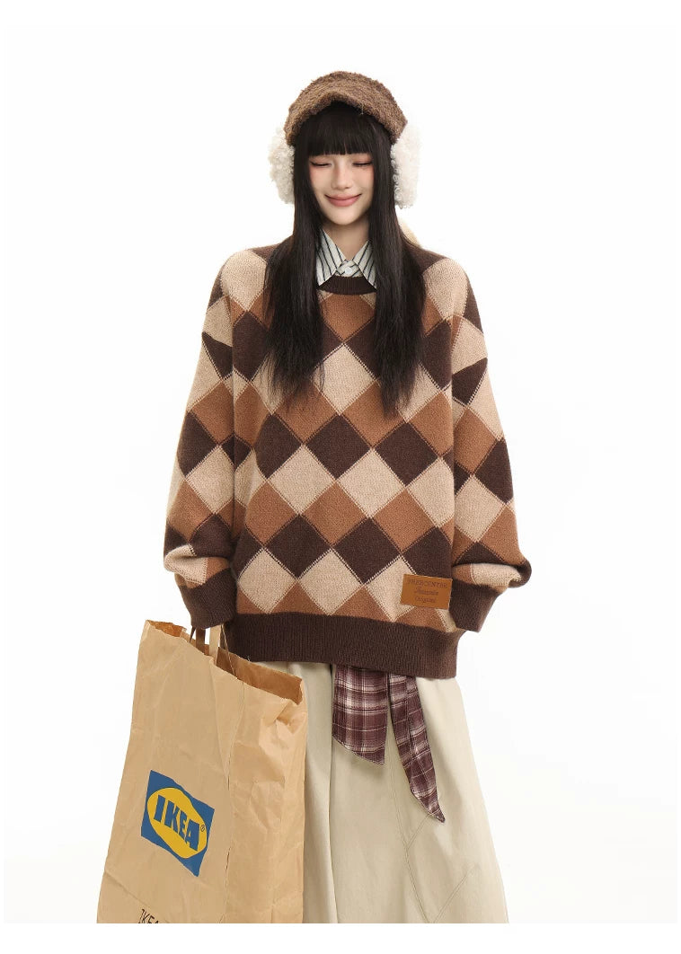 Heavyweight Diamond Pattern Oversize Hooded Knit Cardigan & Knit Sweater
