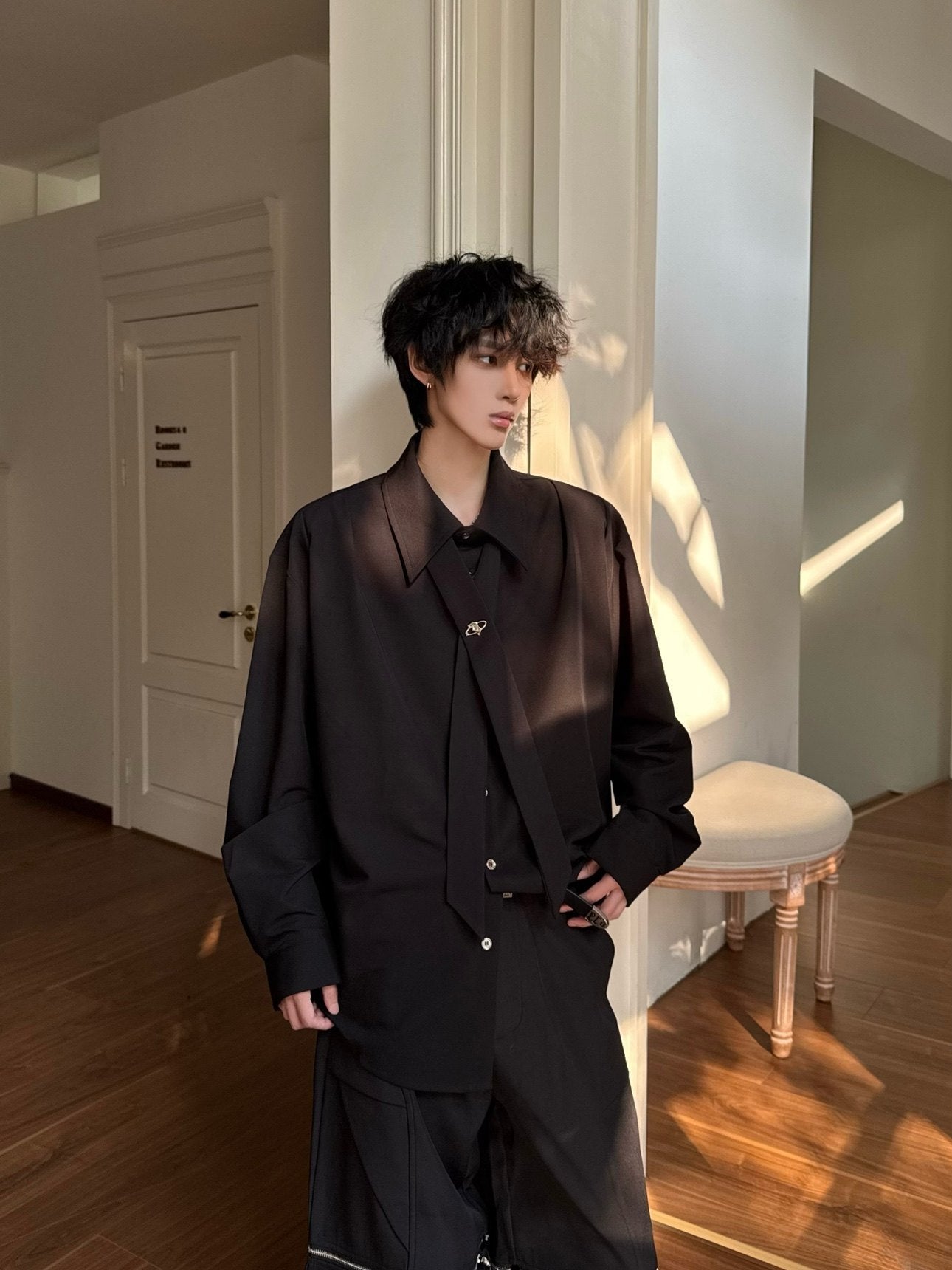 디자인 크로스 타이 오버사이즈 긴팔 셔츠