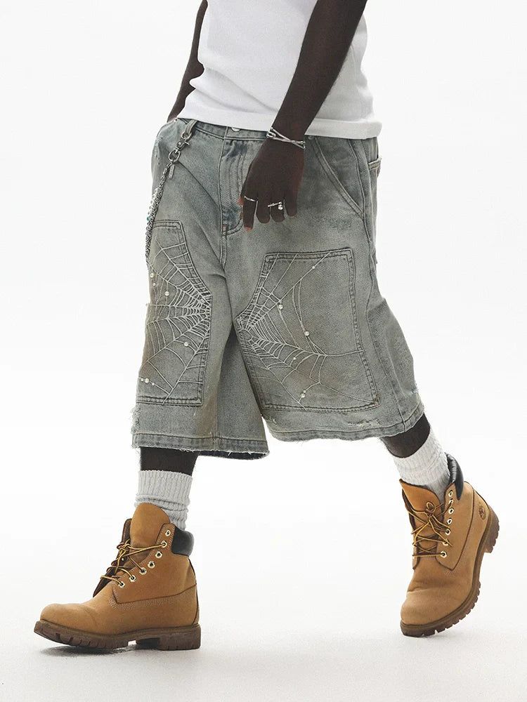 Spider Embroidery Washed Cropped Pants