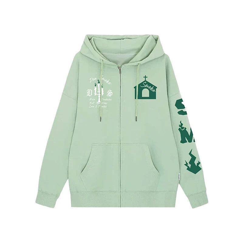 Fleece-Kapuzenjacke mit Schlossprint und Reißverschluss