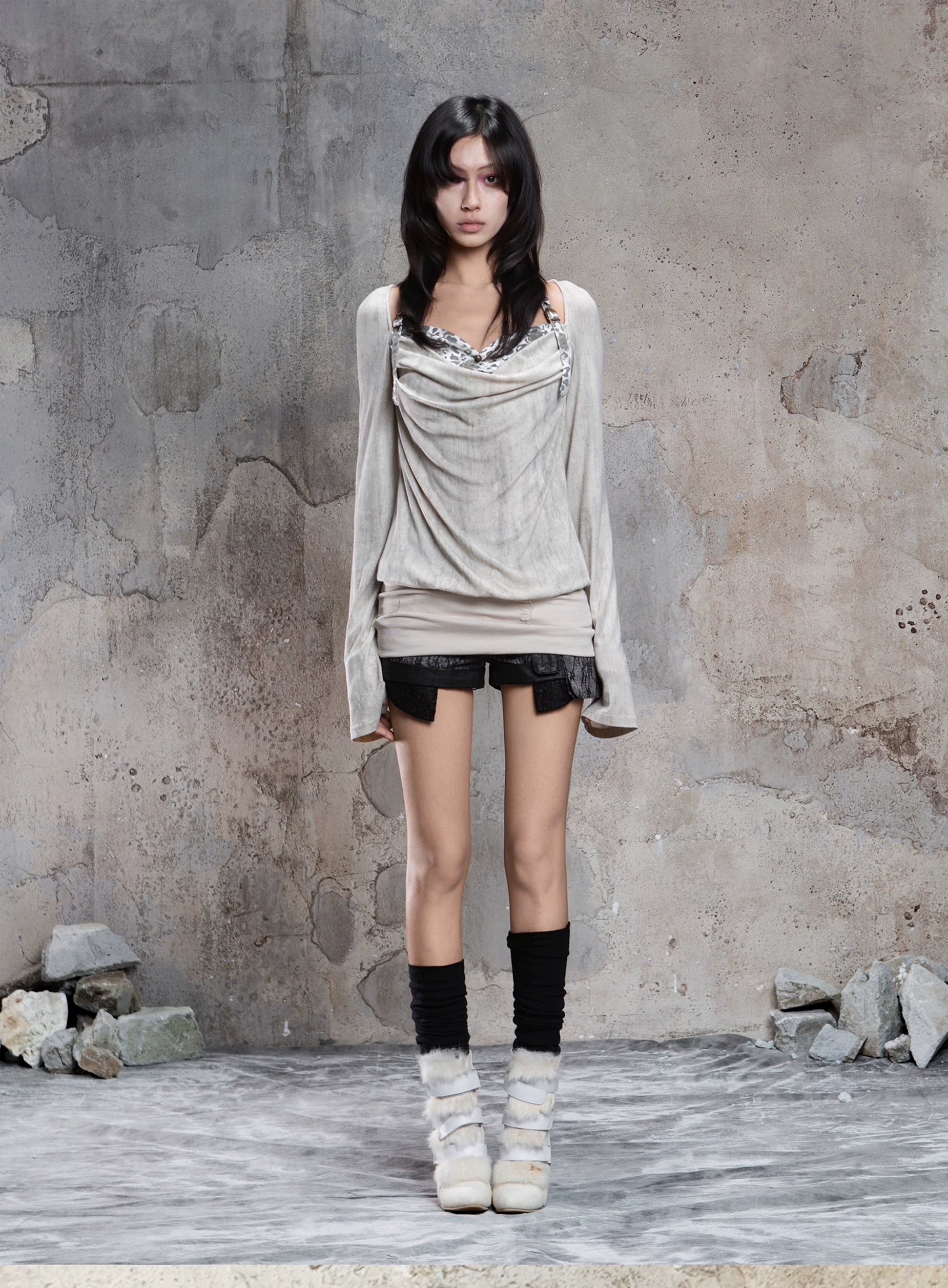 Fake Two-Piece Draped Pleated Mid- Length Slimming Long Sleeve T-Shirts