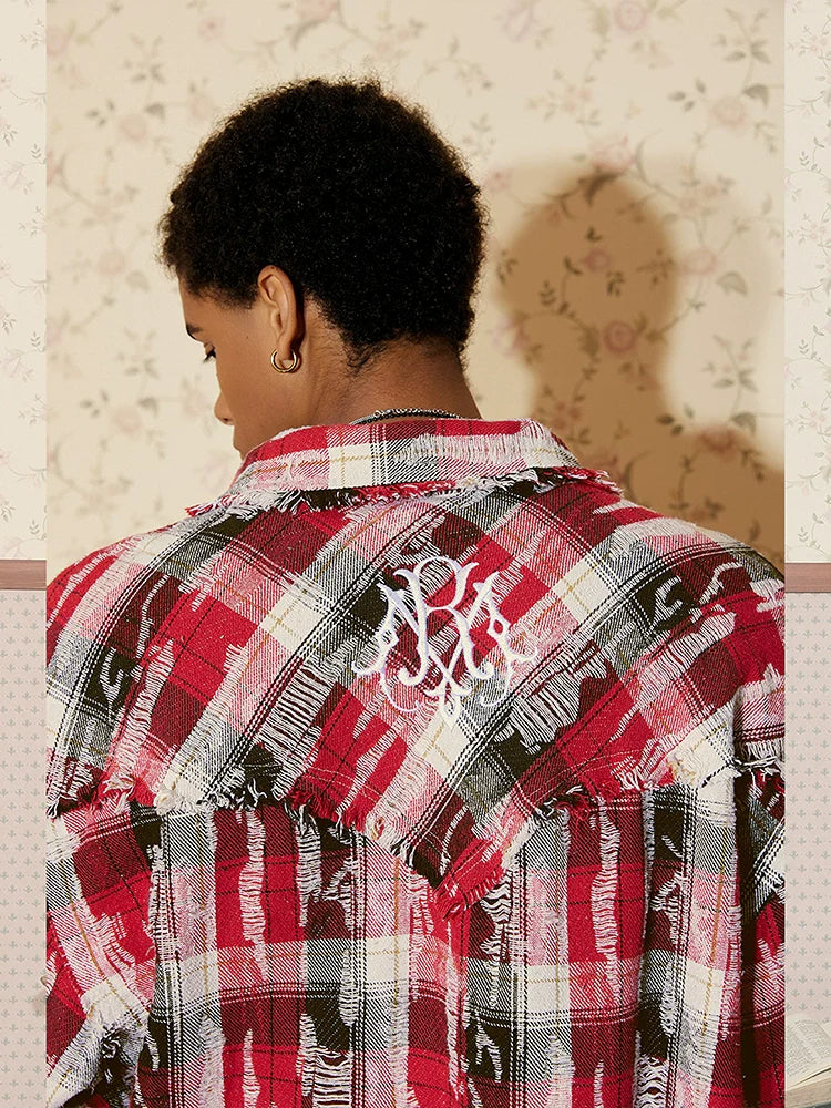 Patchwork Embroidery Plaid Oversize Long Sleeve Shirt