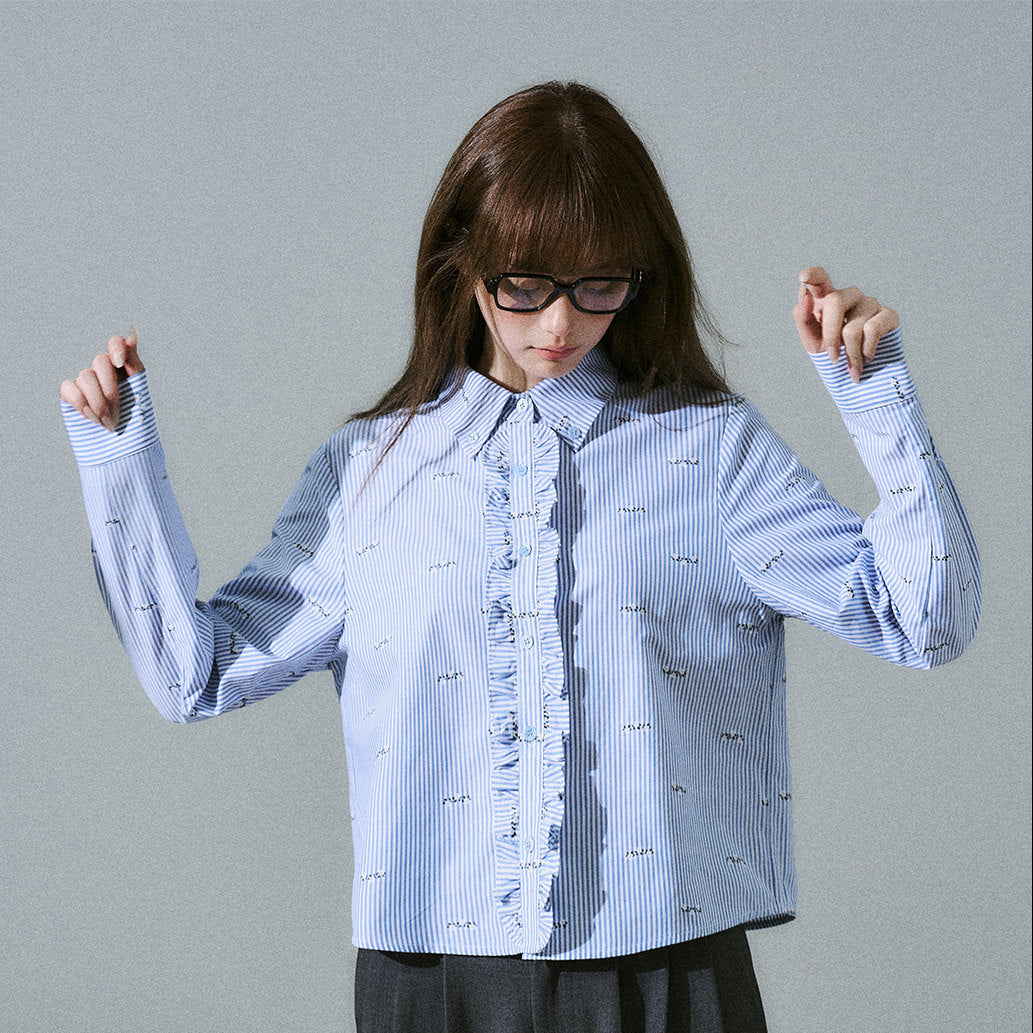 Ruffle Placket Striped Button-Up Long Sleeve Shirt