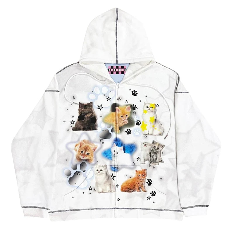 Cat Print Zipper Hoodie