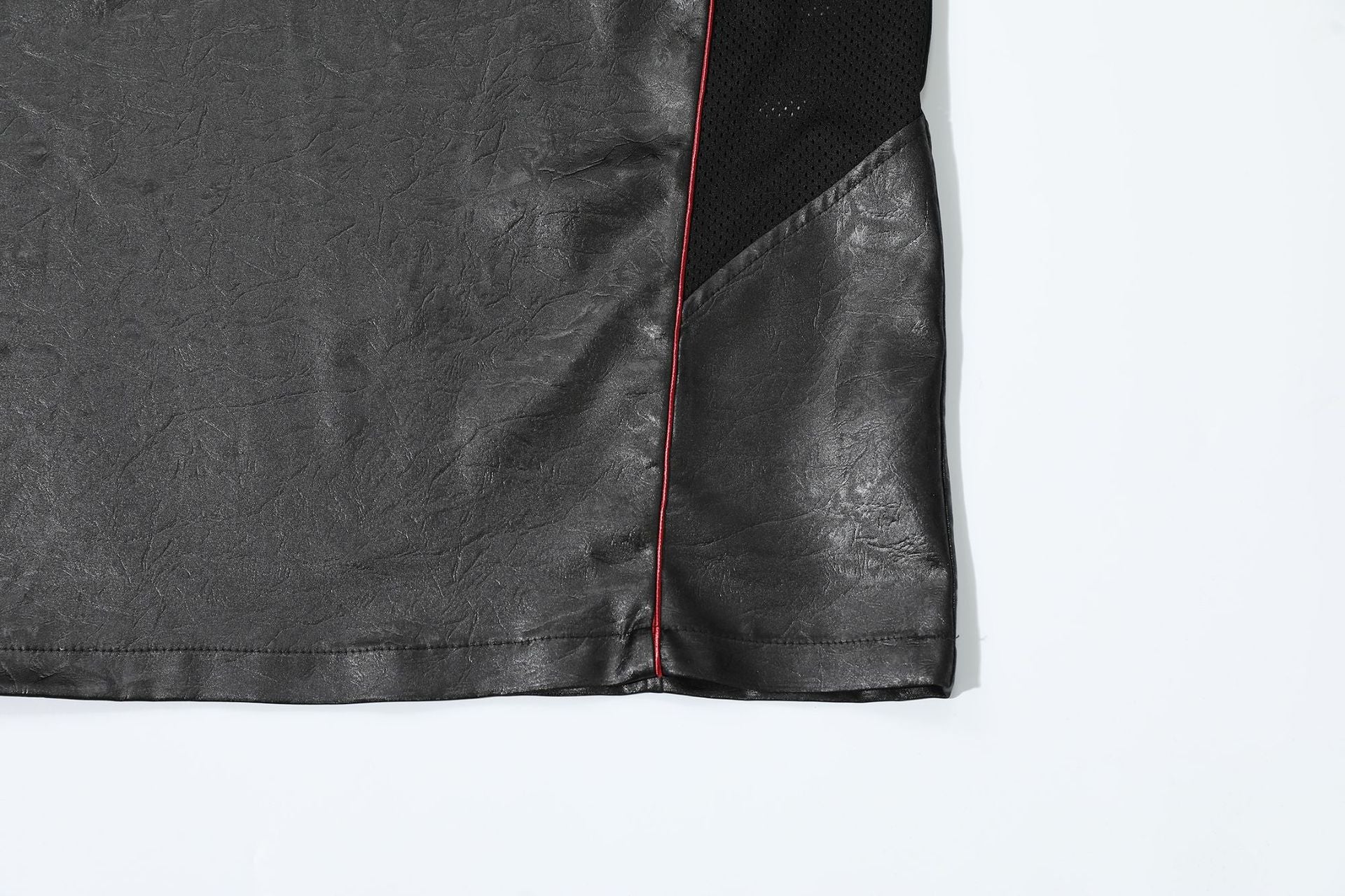 Chest Emblem PU Leather Stitching V-Neck Oversize Short Sleeve T-Shirt