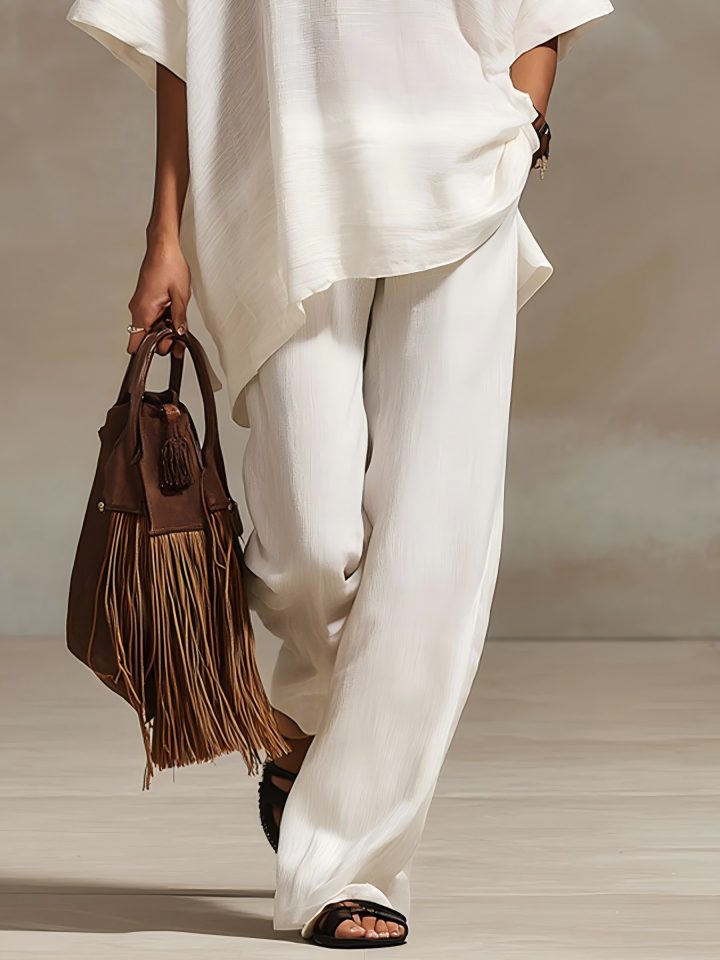 2 Piece Summer Set Loose V Neck Batwing Top & Wide Leg Pants