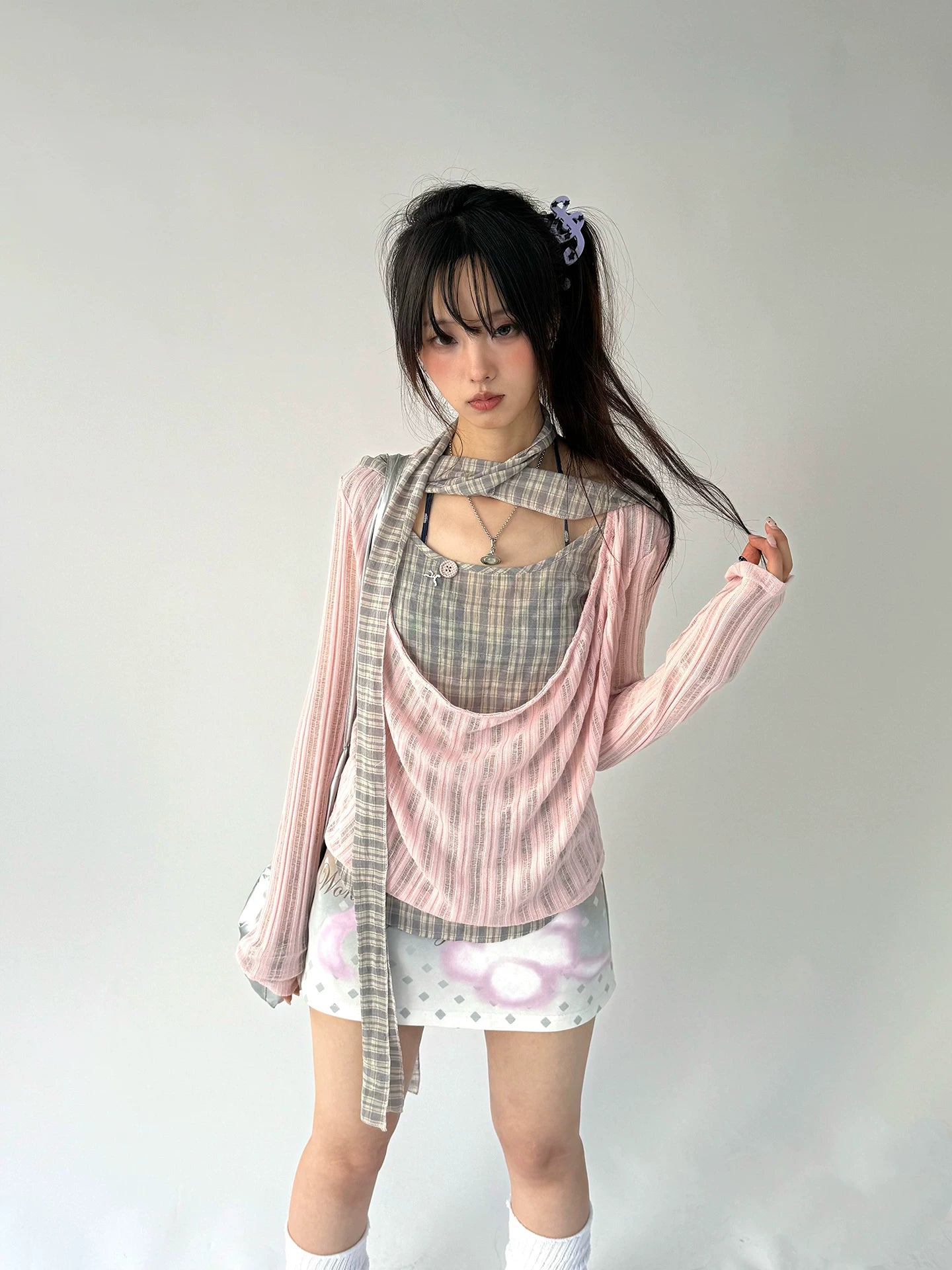 Plaid Ripped Fake Layered Long Sleeve T-Shirt