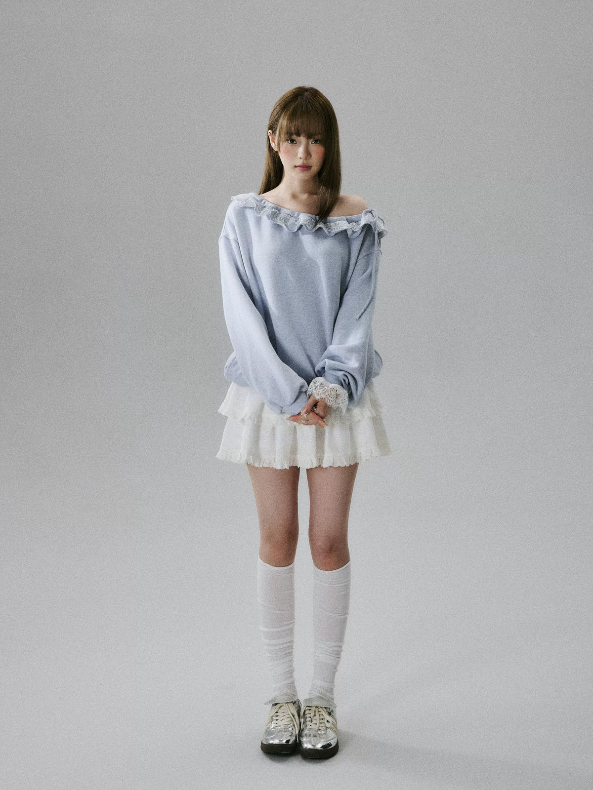 Off-Shoulder Lace Trim Sweatshirt