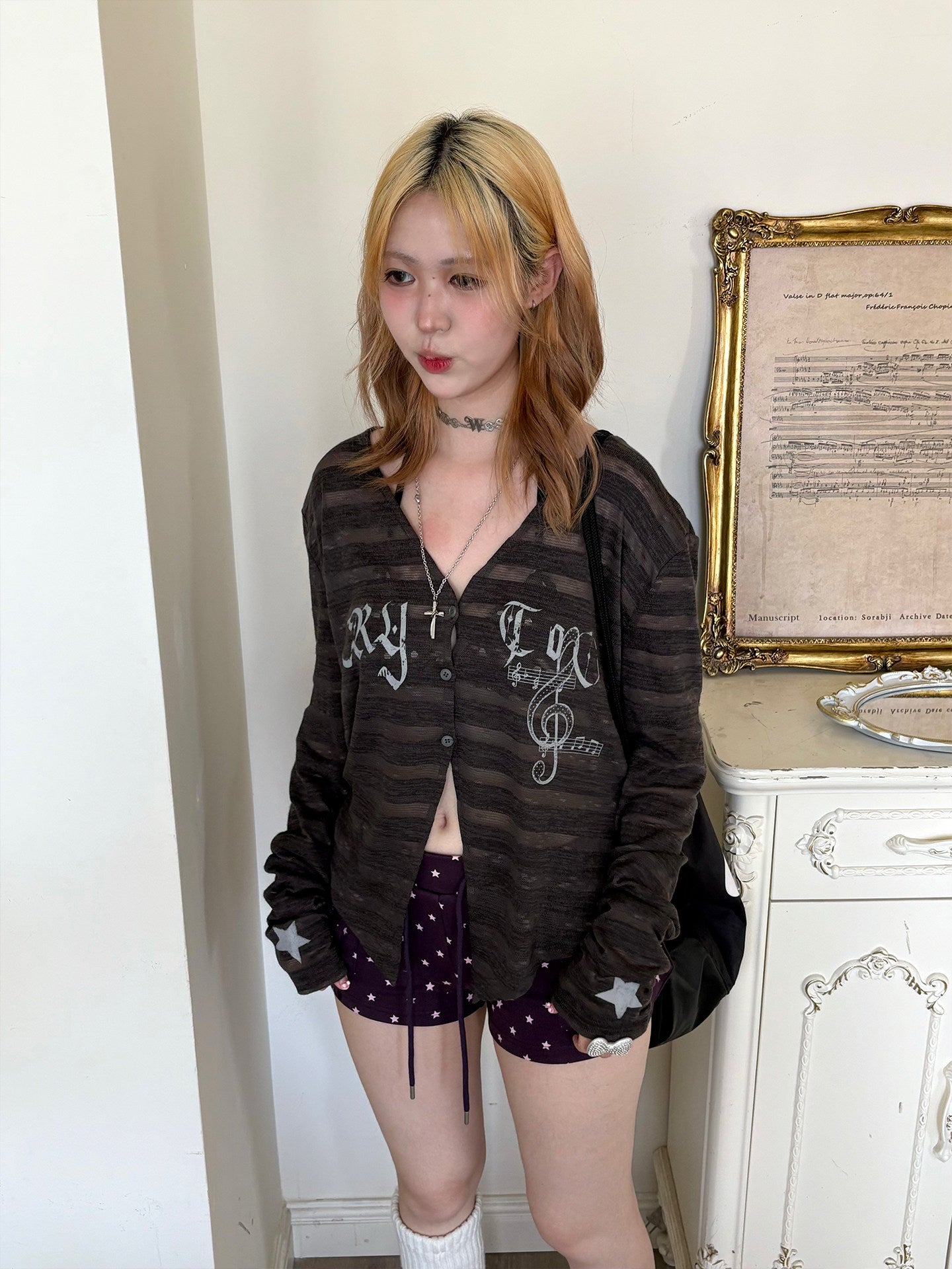 Striped Note Print Star Print Cardigan