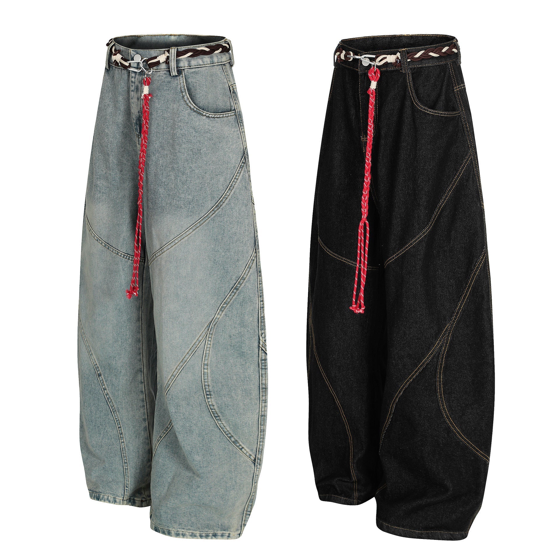 Belt Curved Wide Leg Denim Jeans