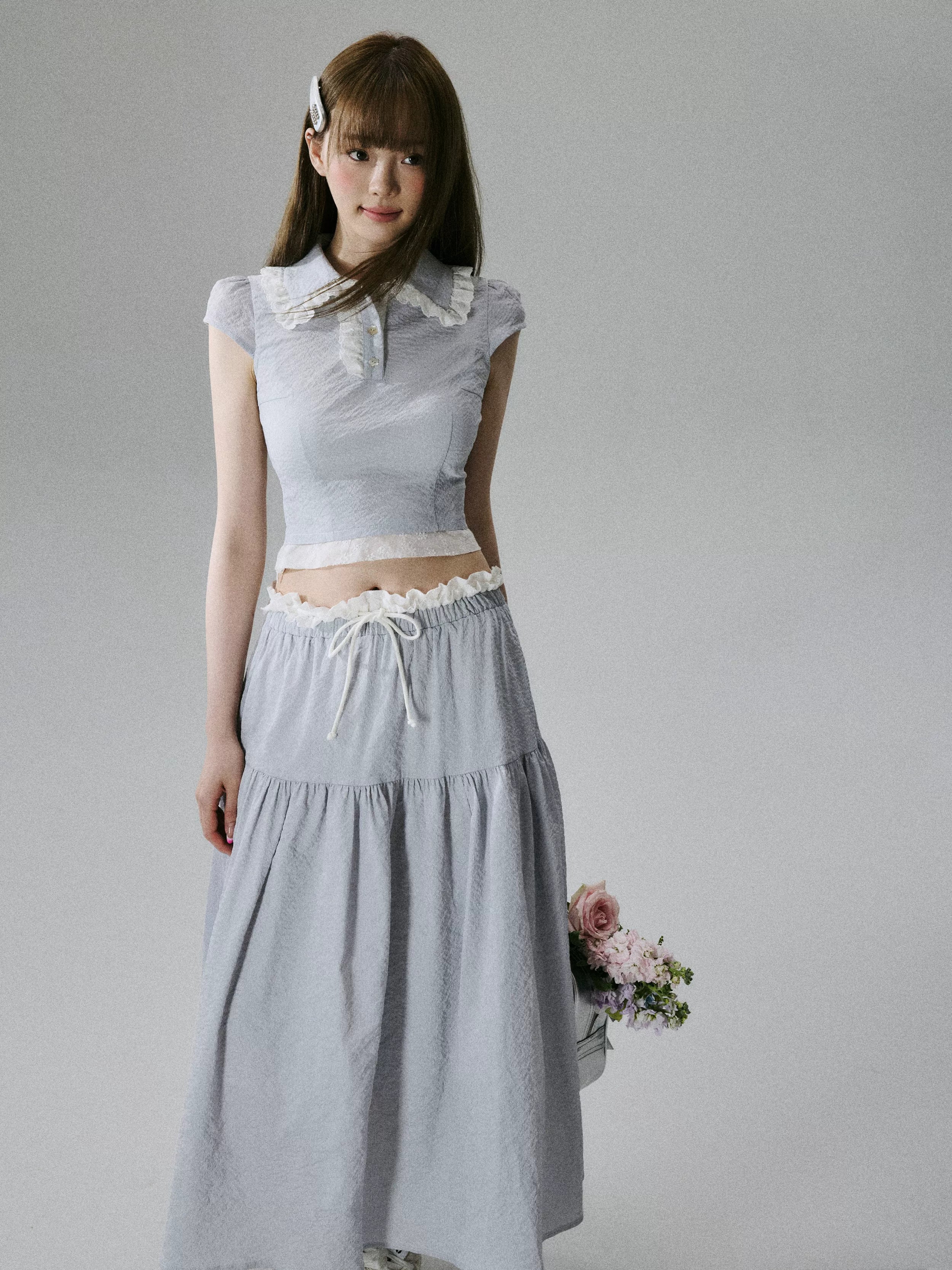 Lace-Trim Short Sleeve Shirt & Drawstring Skirt Setup