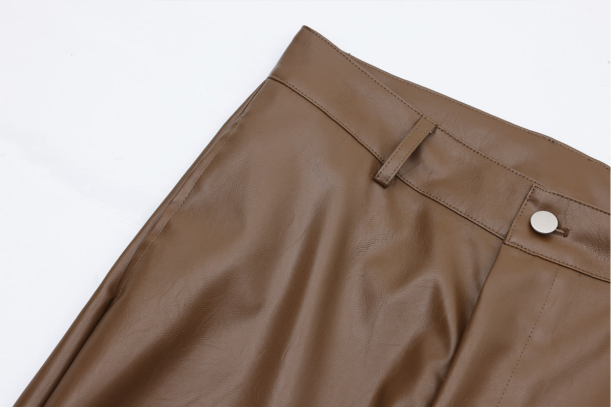 PU Leather Pleats Straight Pants