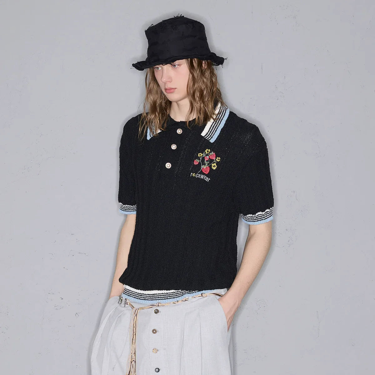 Stripe Glossy Button Embroidery Short Sleeve Polo Shirt