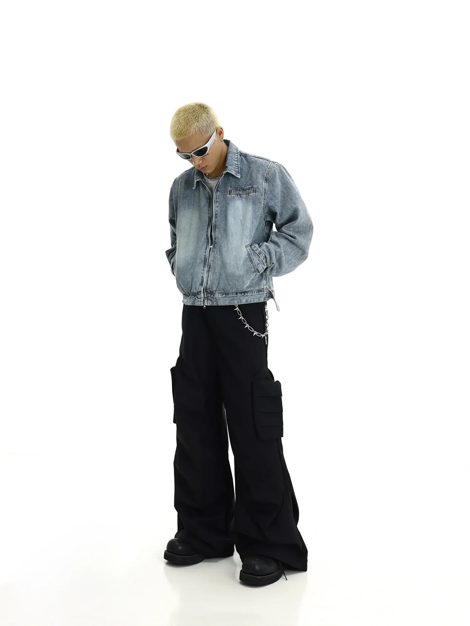 Washed Shoulder Pad Zipper Denim Jacket