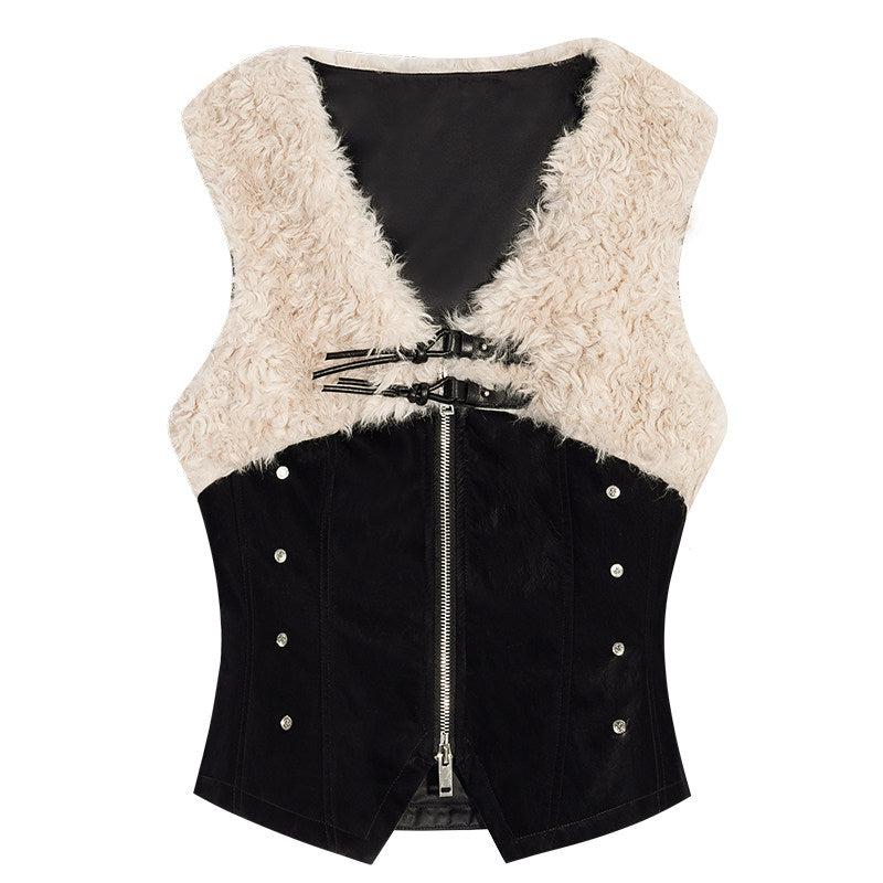 Fake Fur Patchwork V-Neck Slim PU Leather Vest & Ribbed High-Neck Knit Sweater