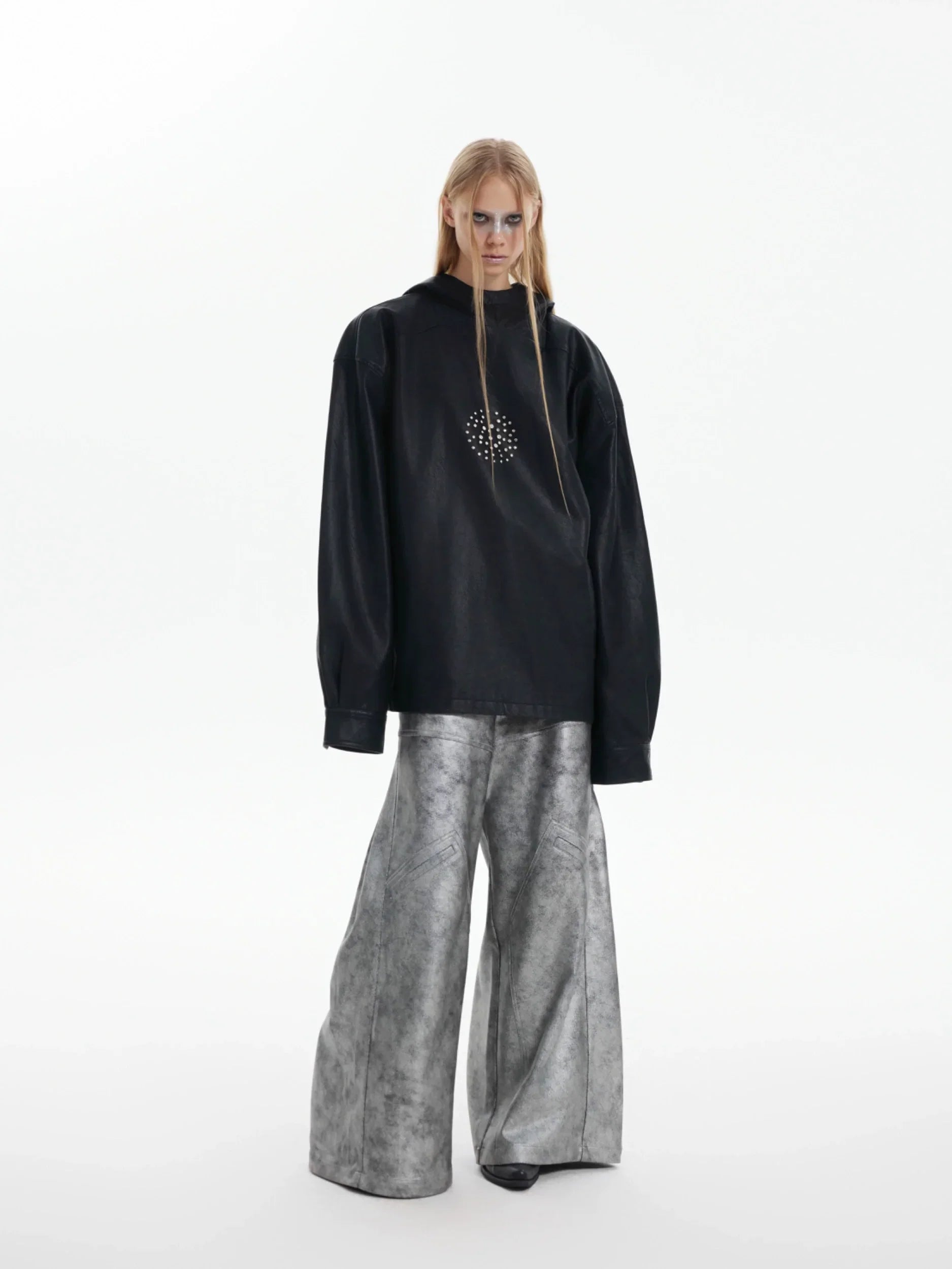 Metal Rivet Design Oversize PU Leather Hoodie