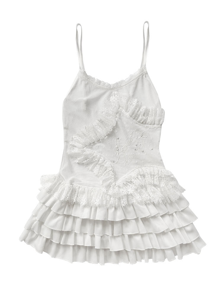 Lace Spaghetti Strap Tiered Ruffle Oversize Short Dress & Underwear Set