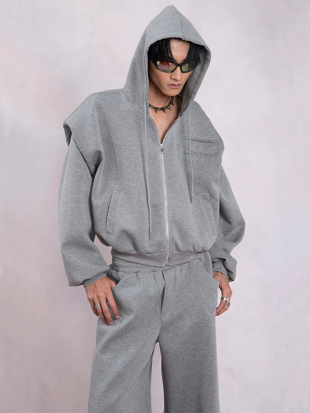 Shoulder Pad Short Zipper Hoodie & Wide-Leg Sweatpants Setup