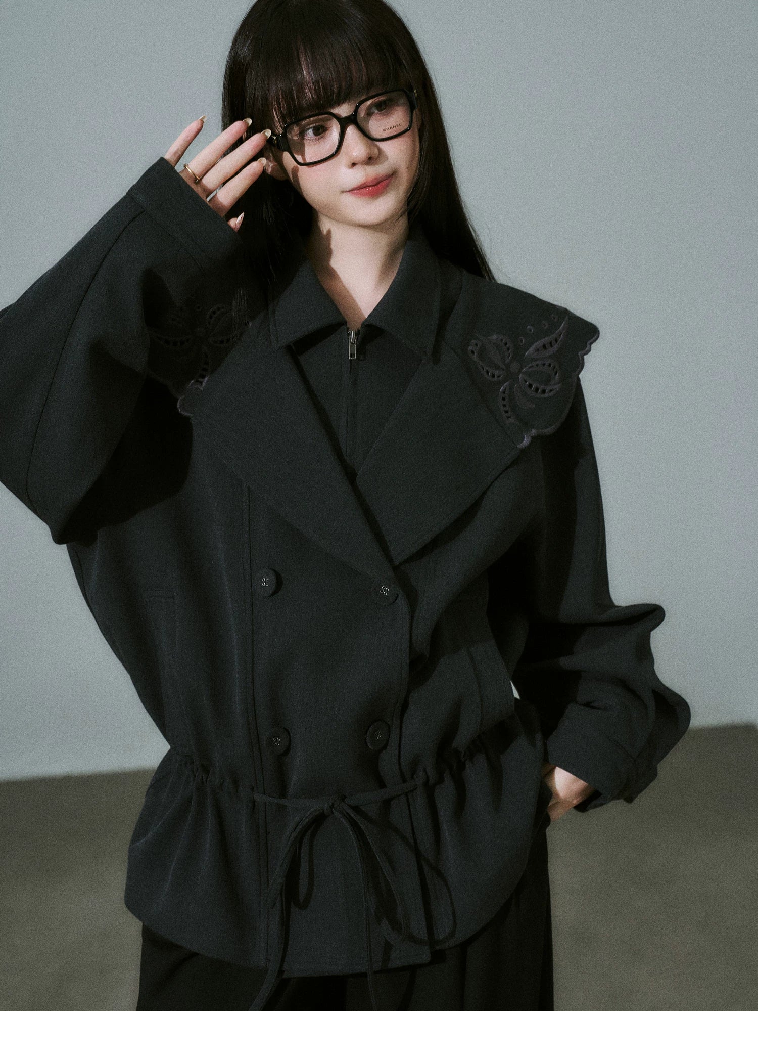 Embroidery Collar Drawstring Waist Double-Breasted Jacket