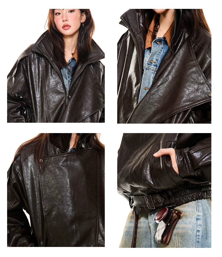 Asymmetrical Stand Collar PU Leather Jacket
