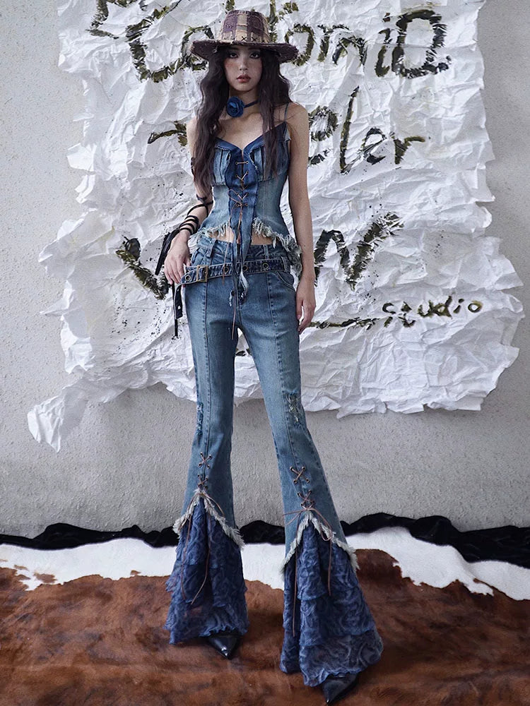 Patchwork Strap Detail Denim Pants