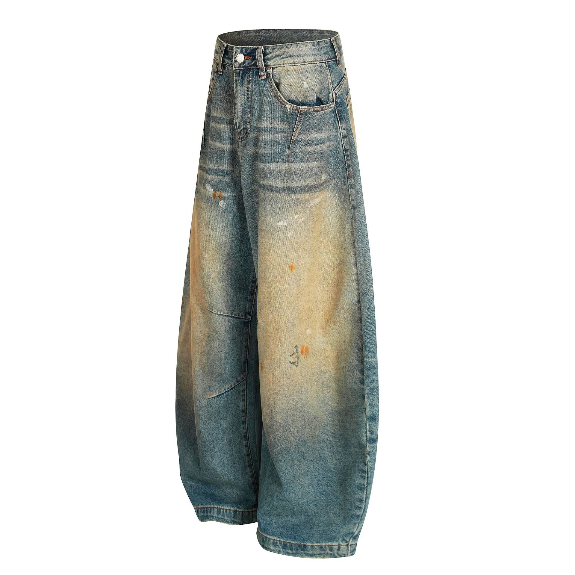 Dirty Washed Curved Wide Leg Denim Jeans