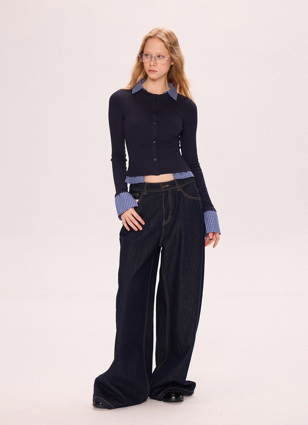 Two Tone Polo Neck Patchwork Knit Shirt