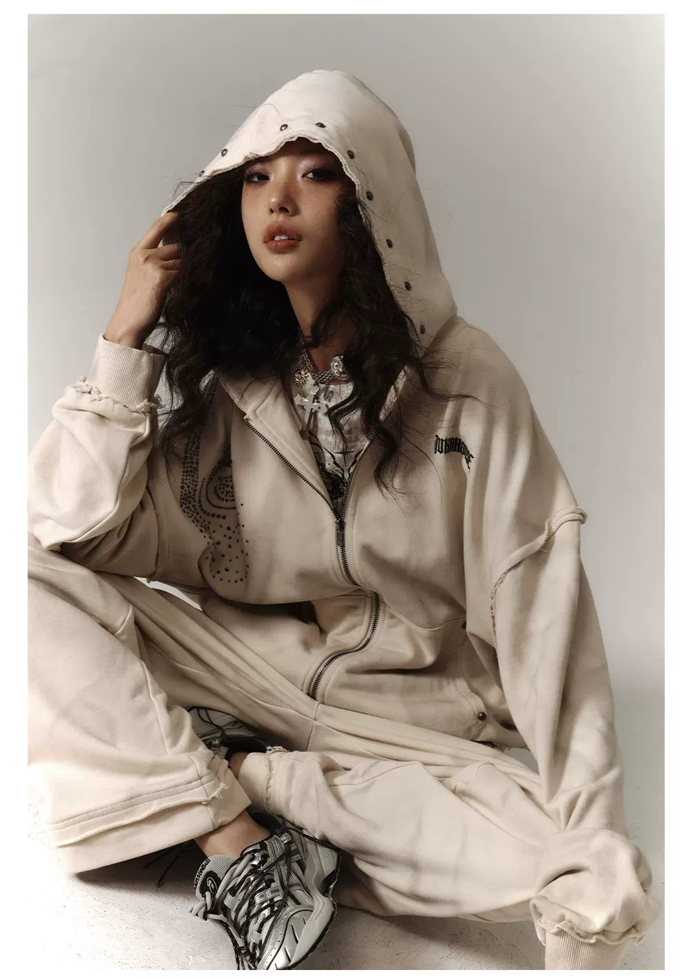 Washed Damage Oversize Zipper Hoodie & Wide Leg Pants Setup