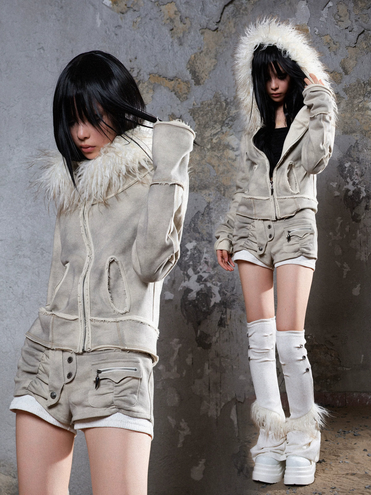 Fake Fur Collar Distressed Short Jacket