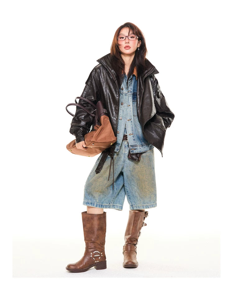 Asymmetrical Stand Collar PU Leather Jacket