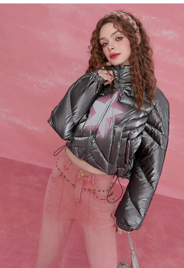 Star-Stitch Stand Neck Short White Duck Down Jacket