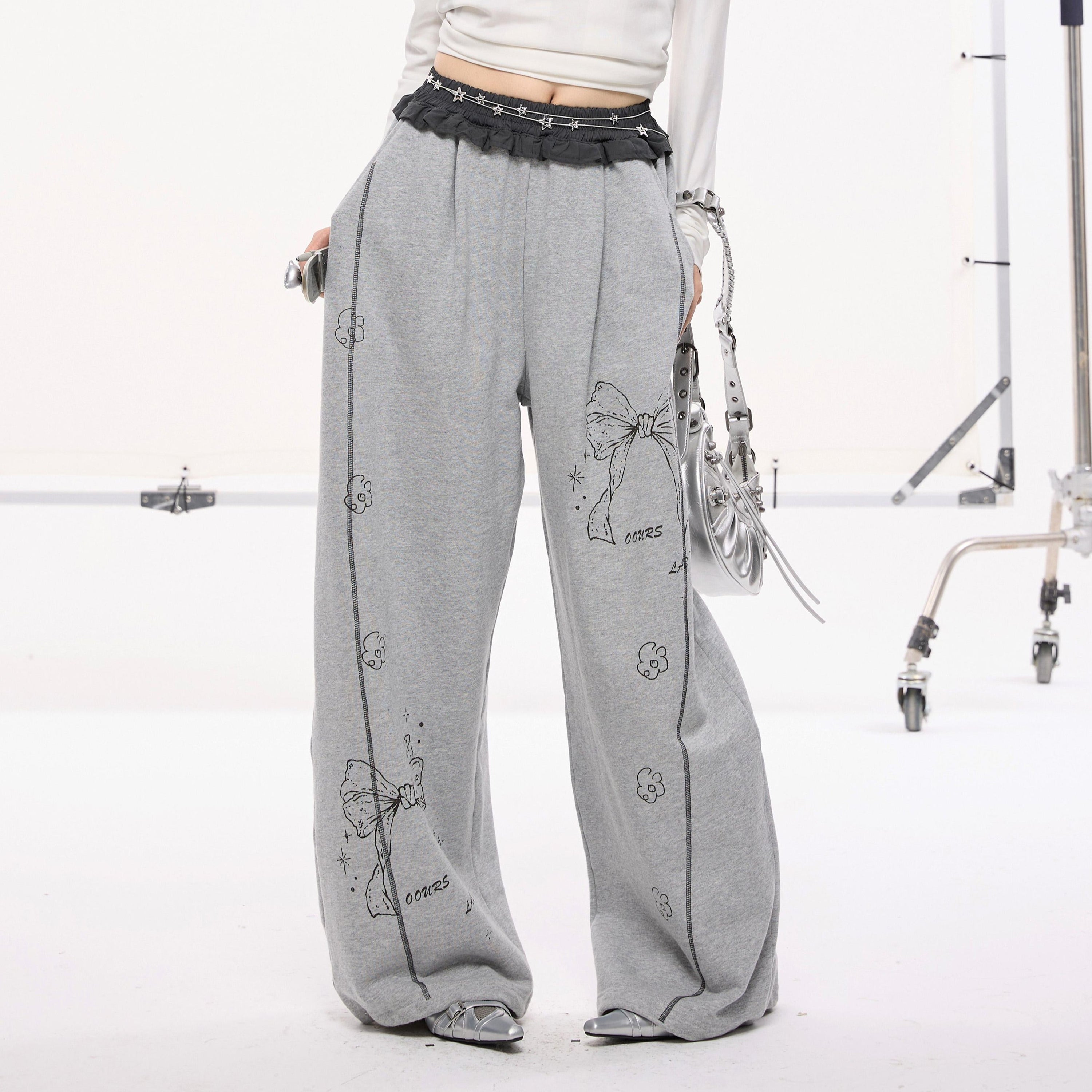 Bow Print Contrast Lace Trim Wide-Leg Sweatpants