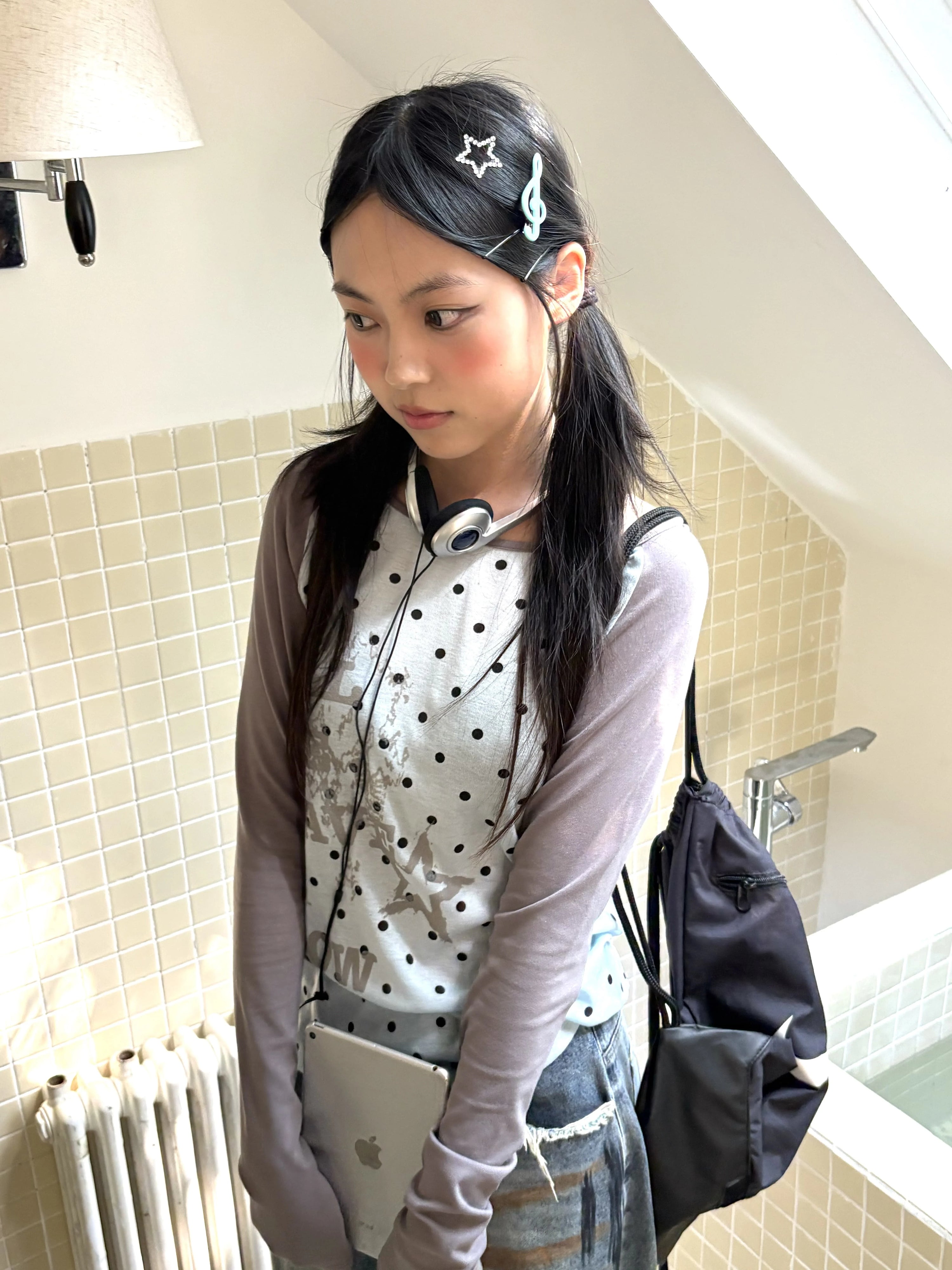 Polka Dot Letter Print Fake Layered Fitted Long Sleeve T-Shirt