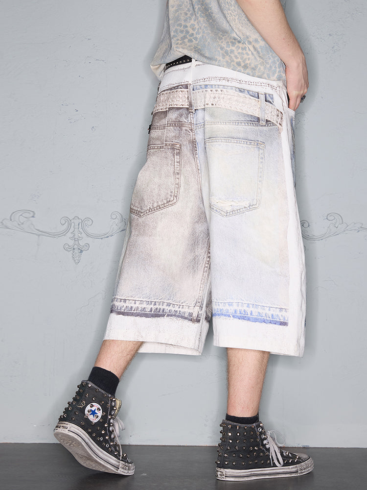 3D Print Graphic Design Block Badge Denim Half Jeans