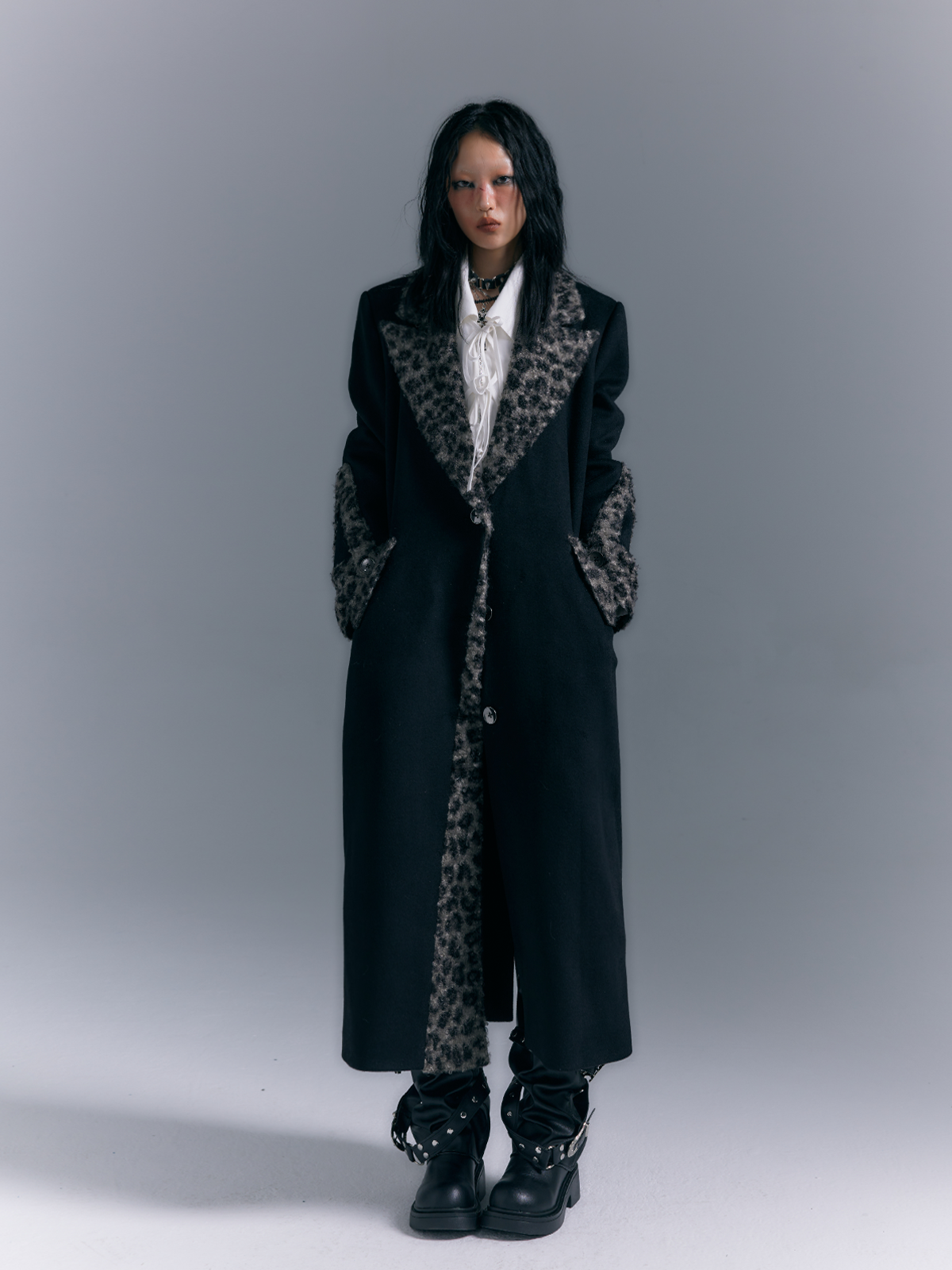 Shoulder Pad Leopard Print Patchwork Wool Coat