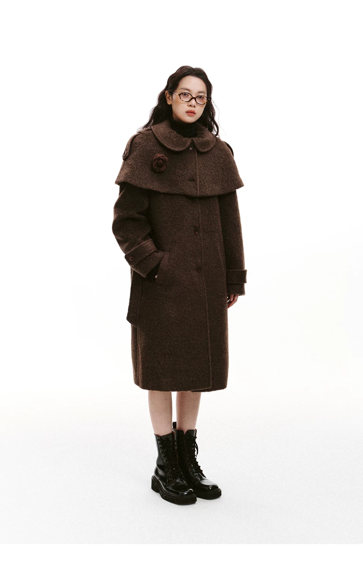 Cape Collar & Flower Detail Belted Coat
