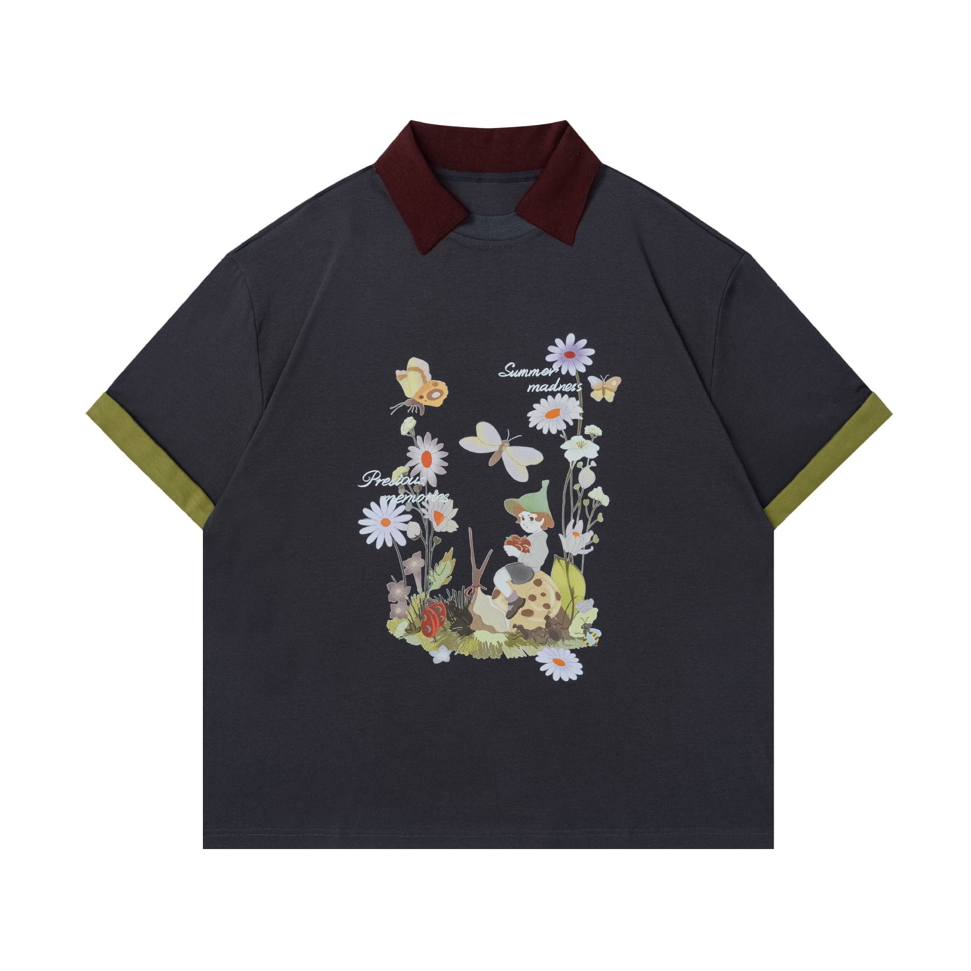 Flower Butterfly Print Short Sleeve Polo Shirt
